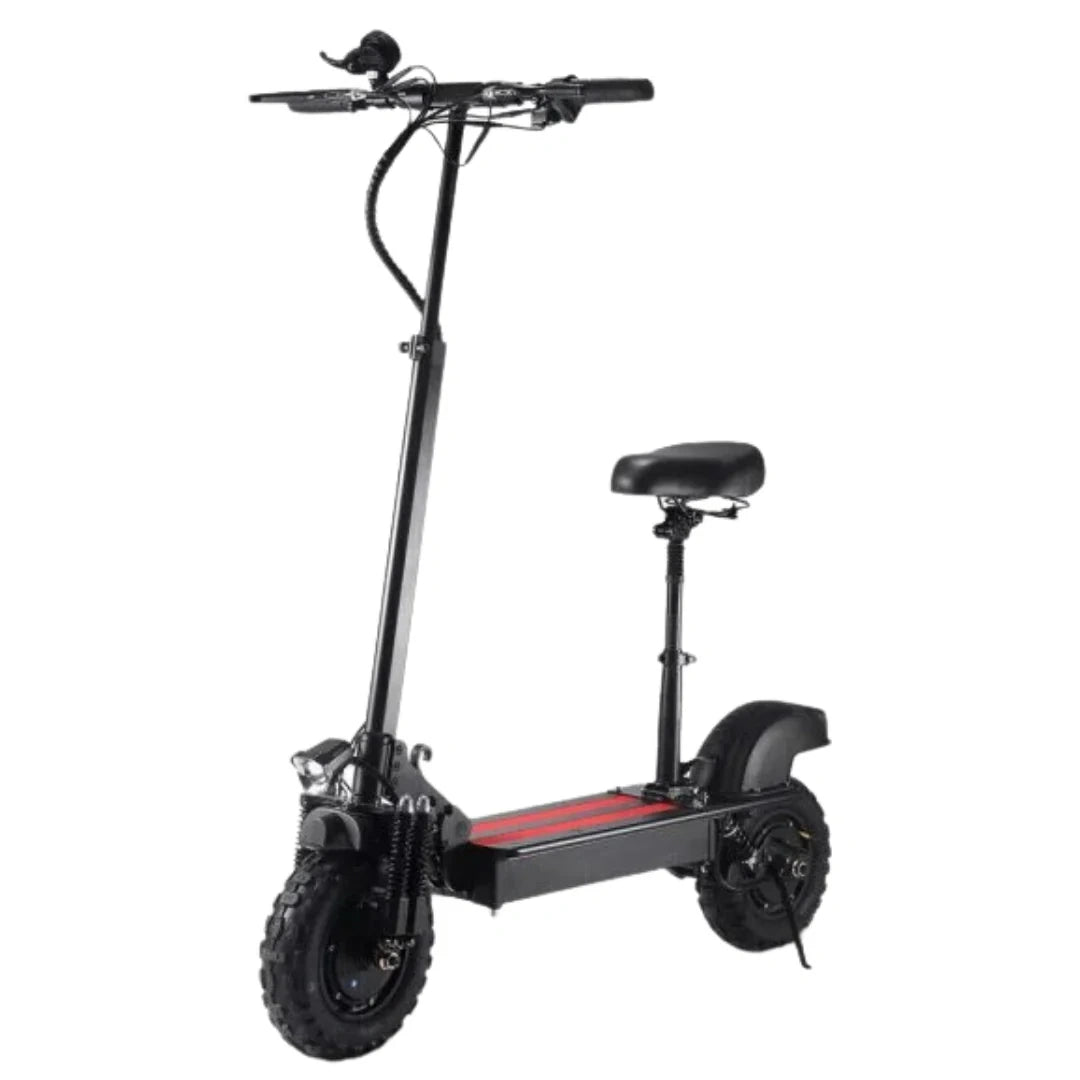 Black electric scooter with a seat on a white background