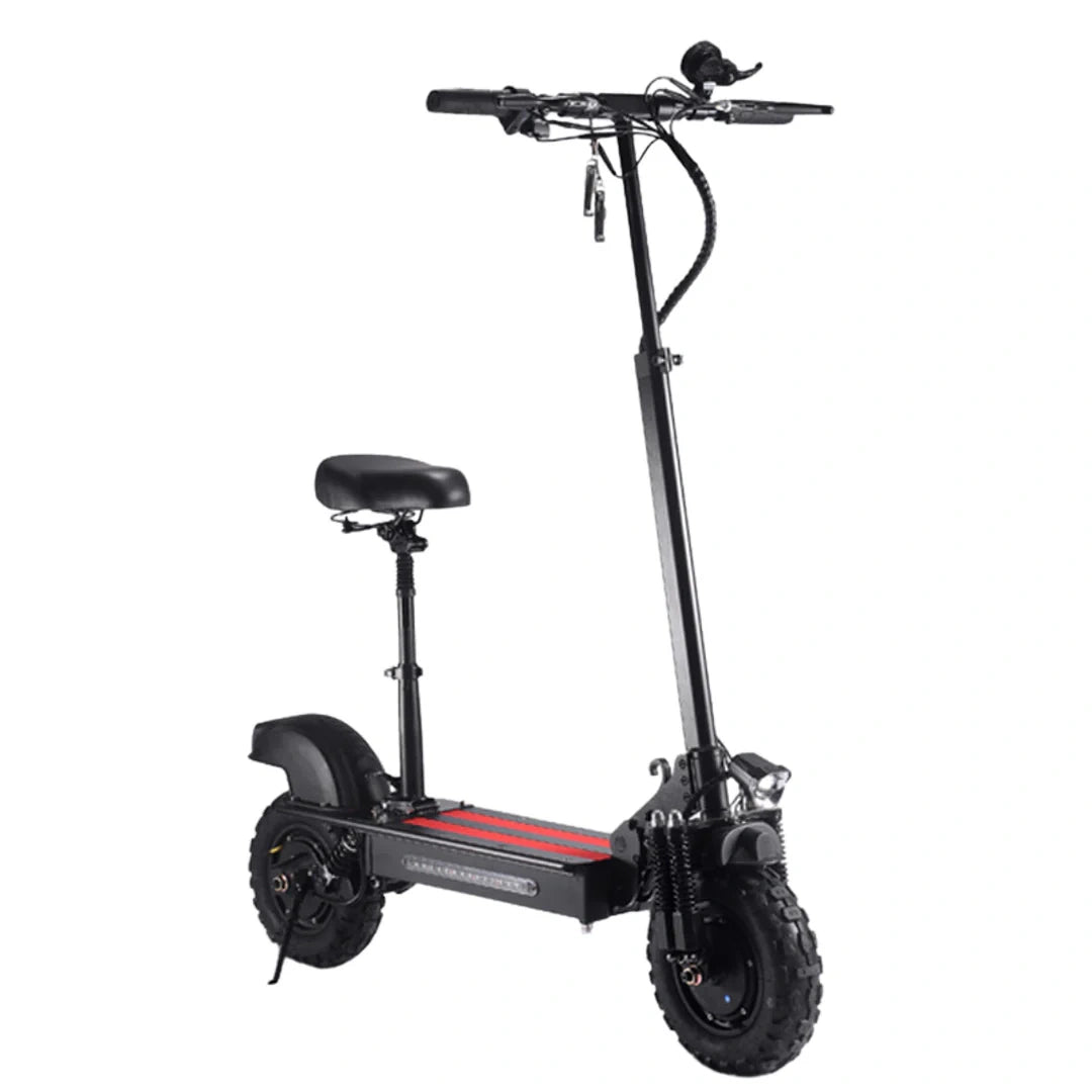 Black electric scooter with a seat on a white background