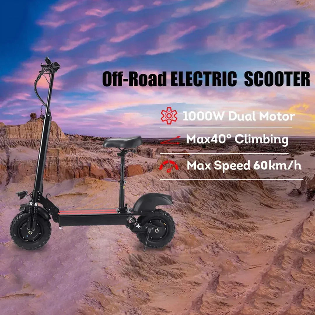 Off-road electric scooter with specifications on a desert landscape background