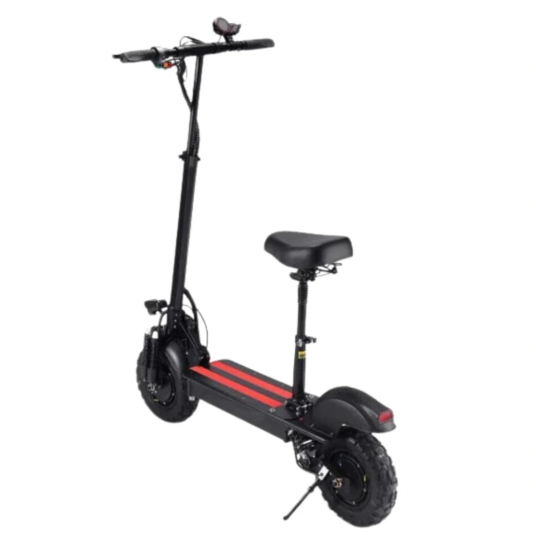 Black electric scooter with a seat on a white background