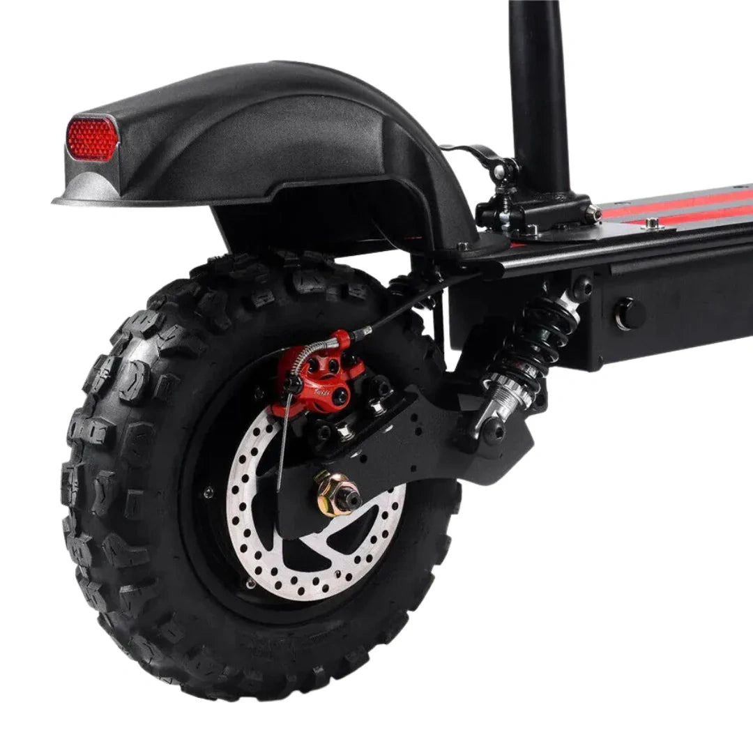 Close-up of an electric scooter's rear wheel and suspension system on a white background
