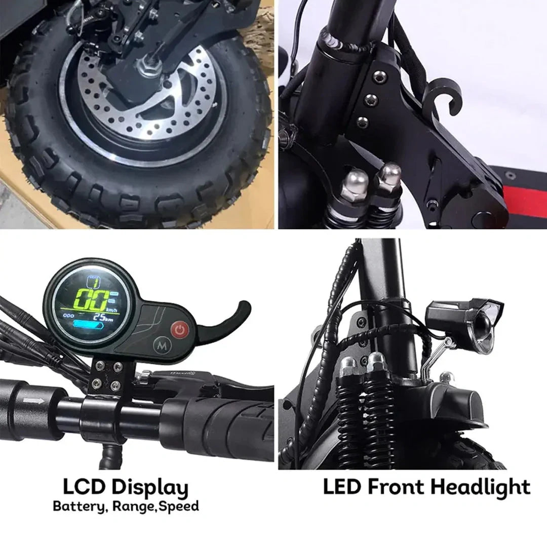 Collage of electric bike components including wheel, suspension fork, LCD display, and LED front headlight.