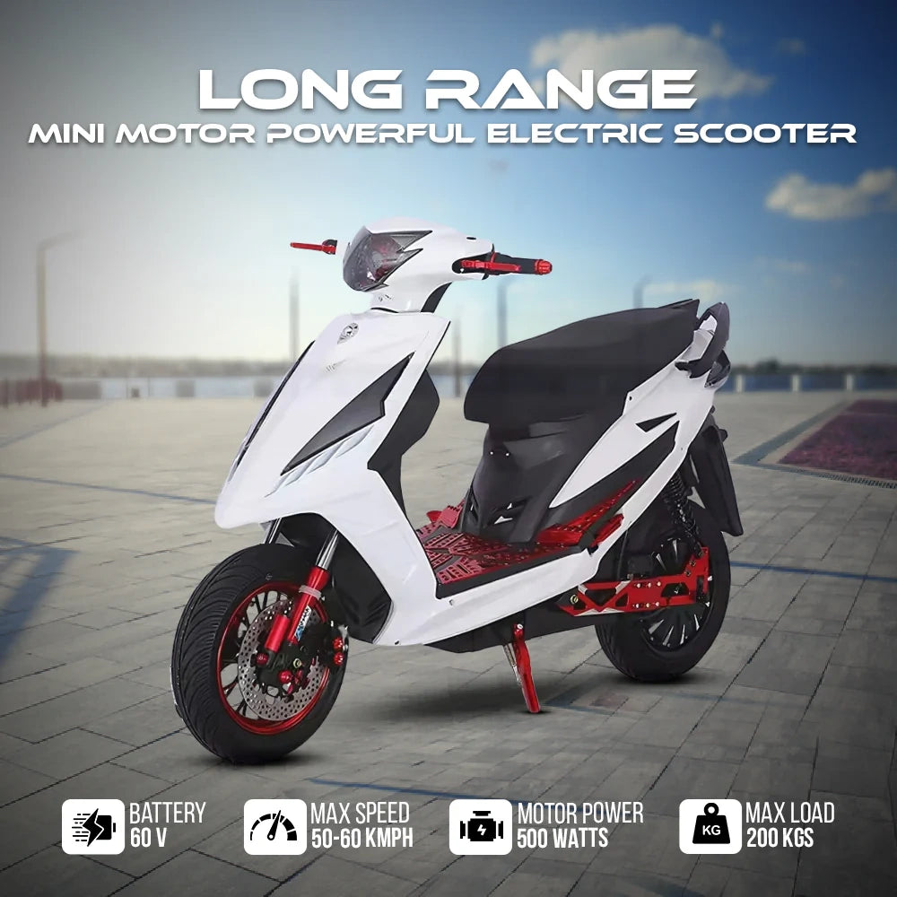 White electric scooter with red accents on a blurred background