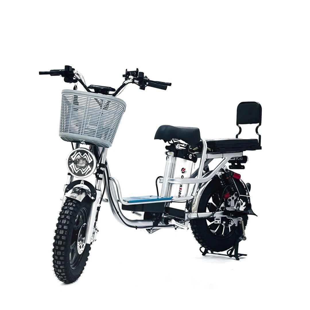 Electric bike with a basket and seat on a white background
