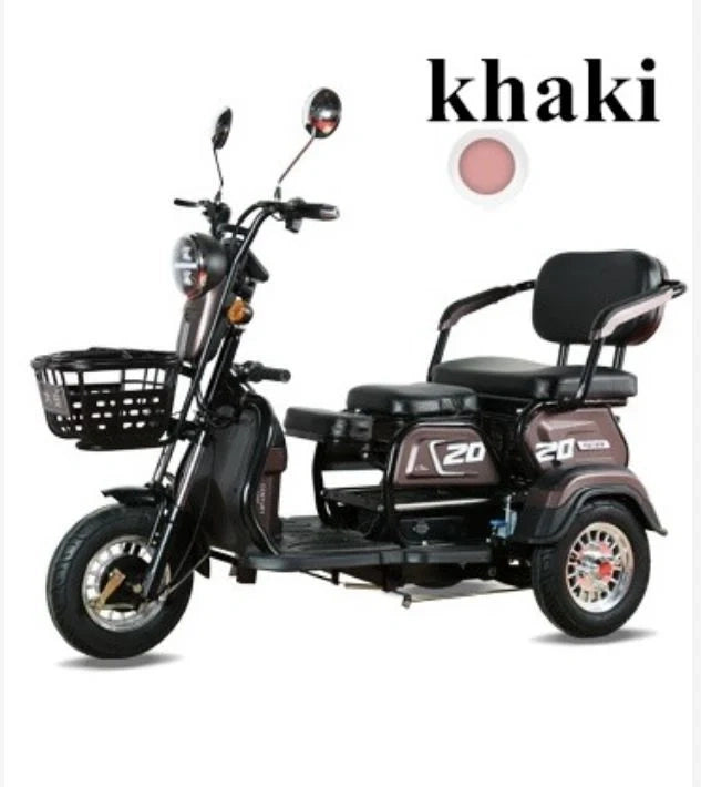Three-wheeled electric vehicle with a basket and seat on a white background, featuring the brand 'khaki'.