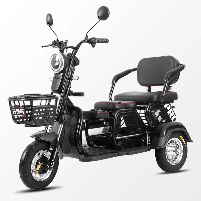 Black electric tricycle with a seat and basket on a white background