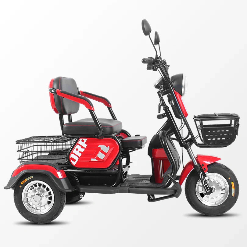Red and black three-wheeled electric scooter with a basket on a white background