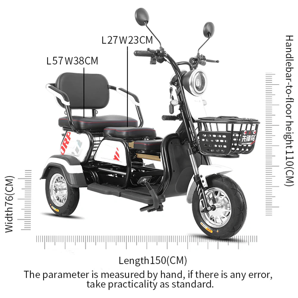 Measurement chart of a three-wheeled electric vehicle with dimensions labeled.