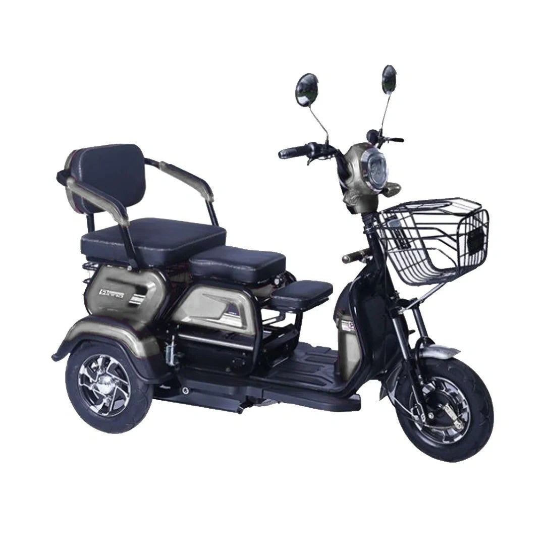 Three-wheeled electric scooter with a basket on a white background