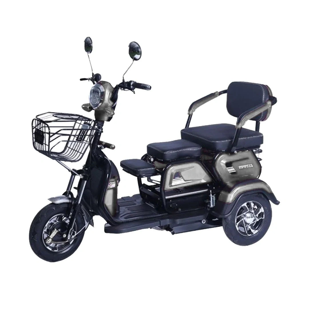 Black three-wheeled electric scooter with a basket on a white background