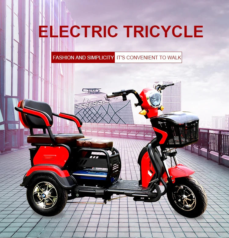 Red electric tricycle with a basket on a tiled floor, with text about its convenience.