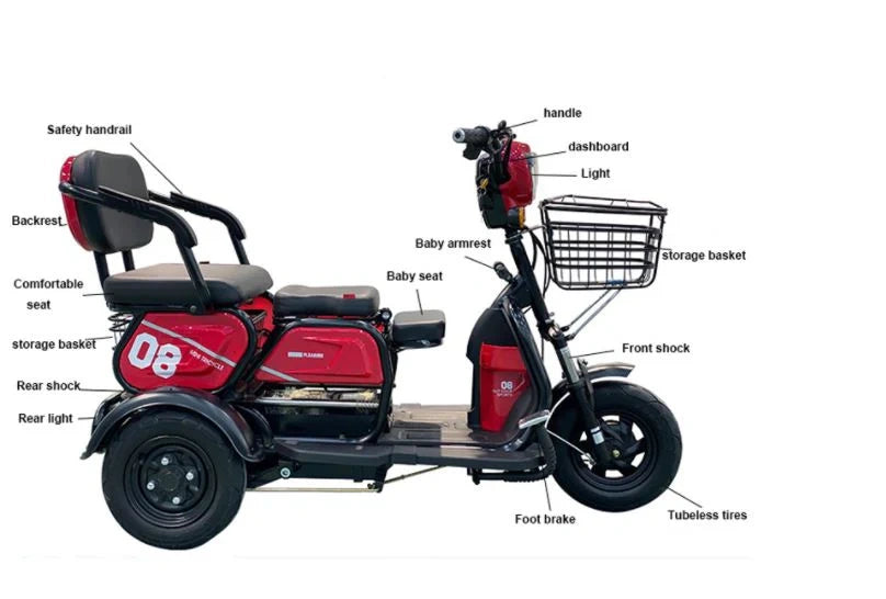 Red electric tricycle with labeled parts on a white background
