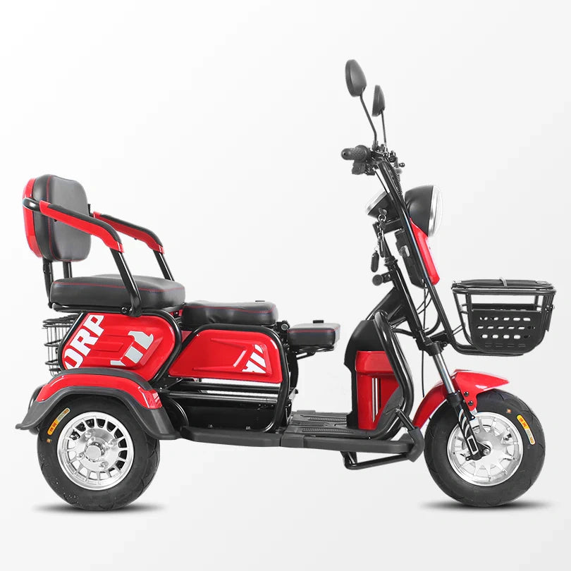 Red and black electric tricycle with a basket on a white background