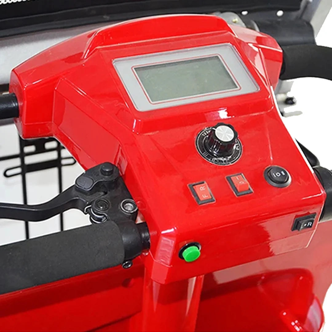 Close-up of a red machine with control panel and display