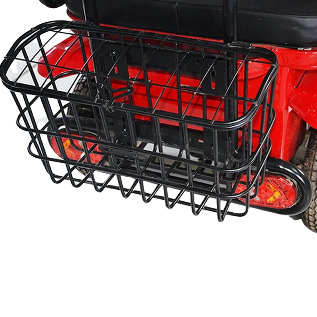 Black metal basket attached to a red vehicle