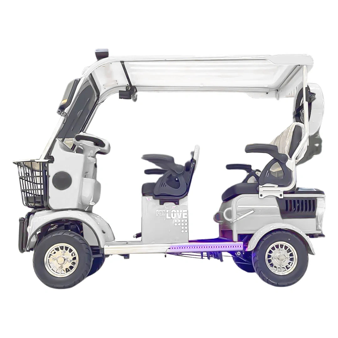 White mobility scooter with clear canopy on a white background