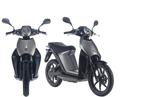 Two electric scooters side by side on a white background