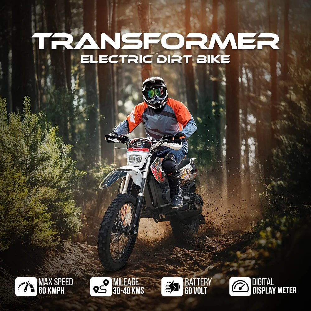 Person riding an electric dirt bike in a forest with 'Transformer Electric Dirt Bike' branding.