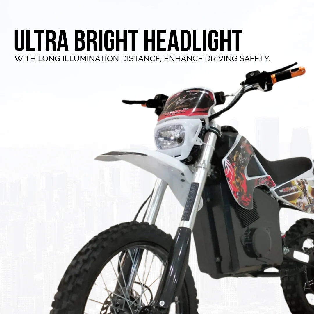 Motorcycle with ultra bright headlight feature on a white background