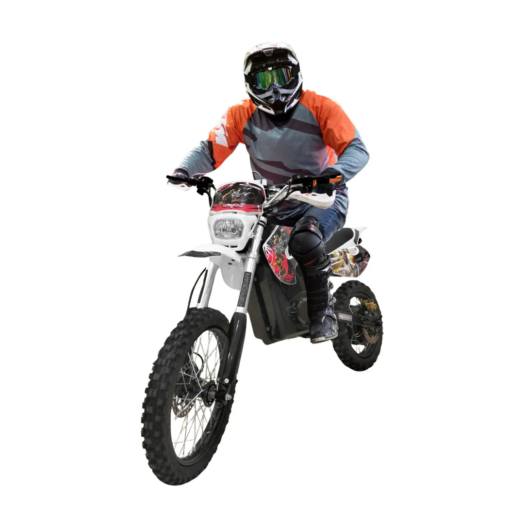Person riding a dirt bike on a white background