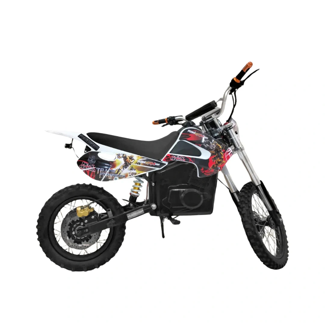 Children's dirt bike with colorful graphics on a white background