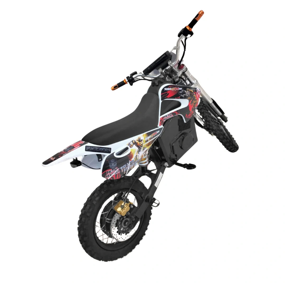 Black dirt bike with colorful graphics on a white background