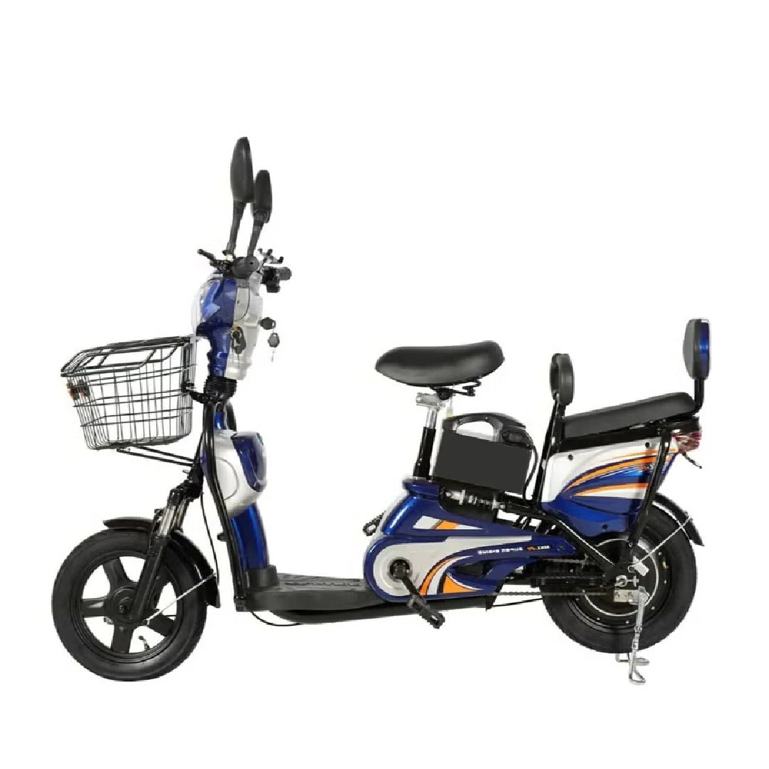 Blue electric scooter with a basket on a white background