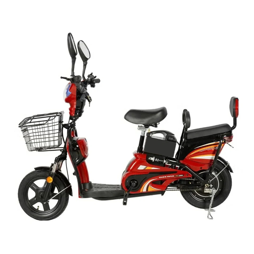 Red and black electric scooter with a basket on a white background