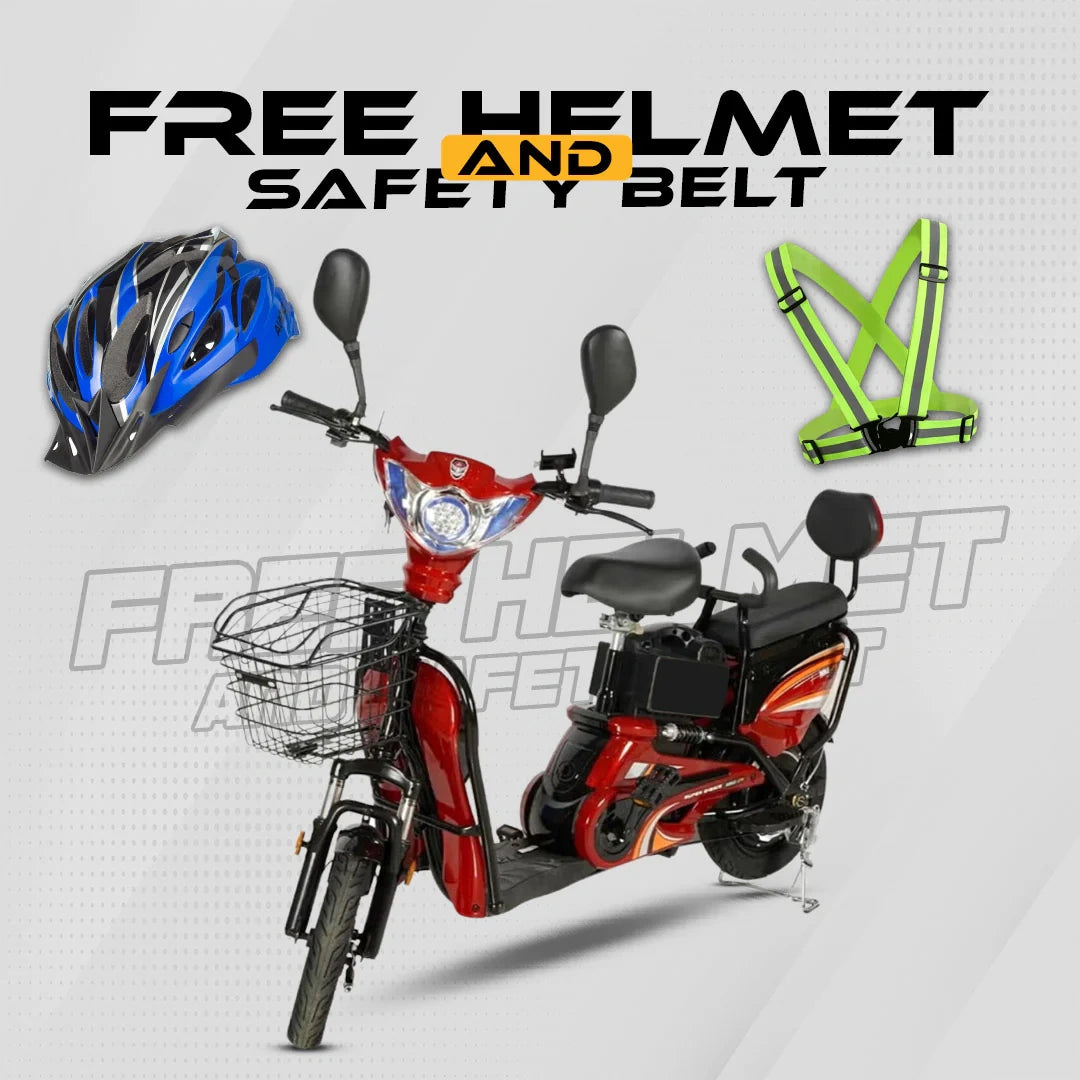 Red electric scooter with a helmet and safety belt on a gray background