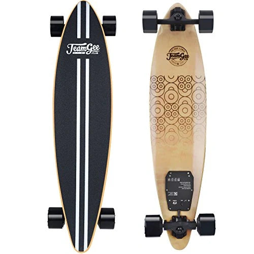 Two longboards, one black and one with a patterned design, on a white background.