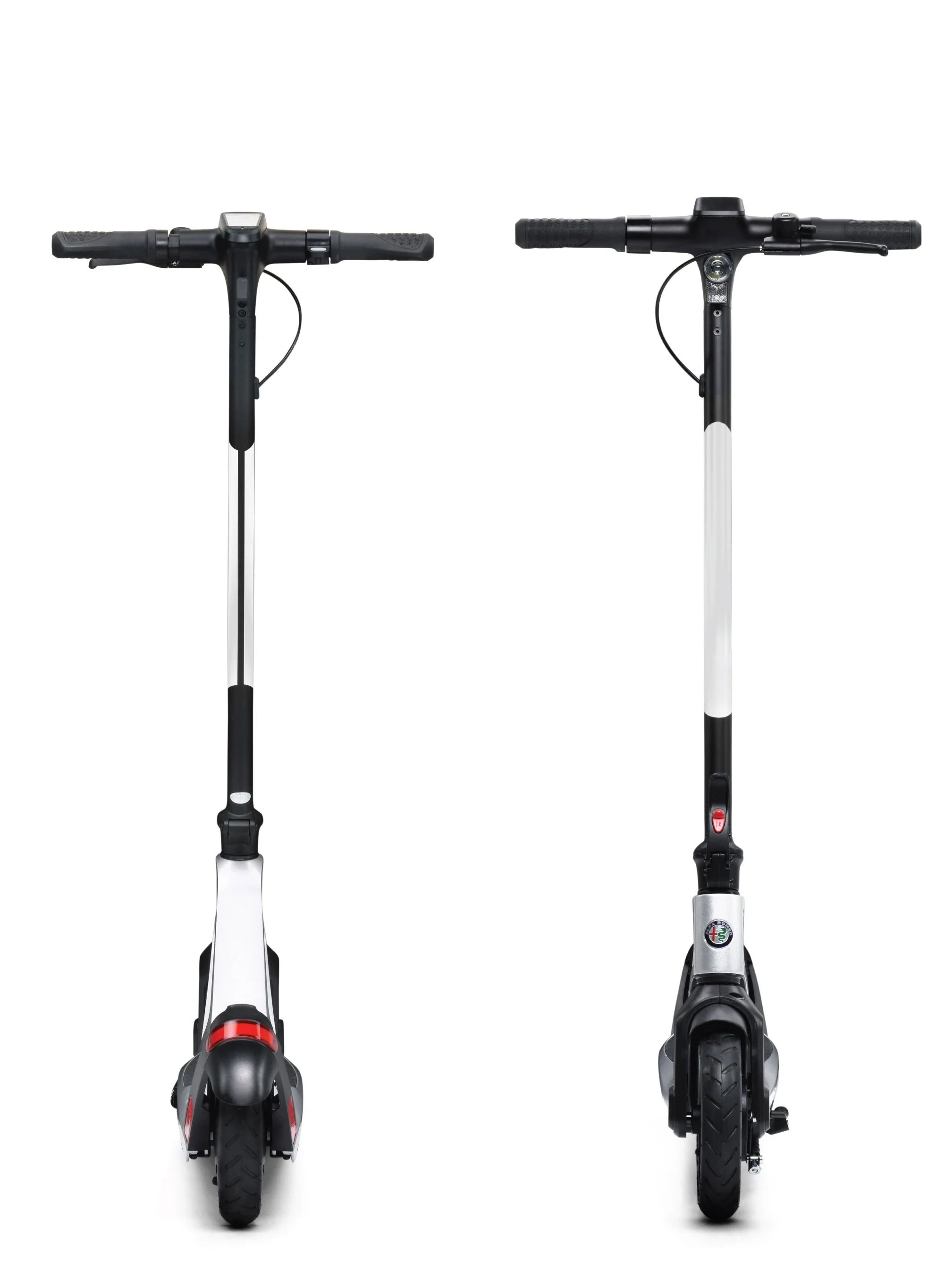 Two electric scooters side by side on a white background