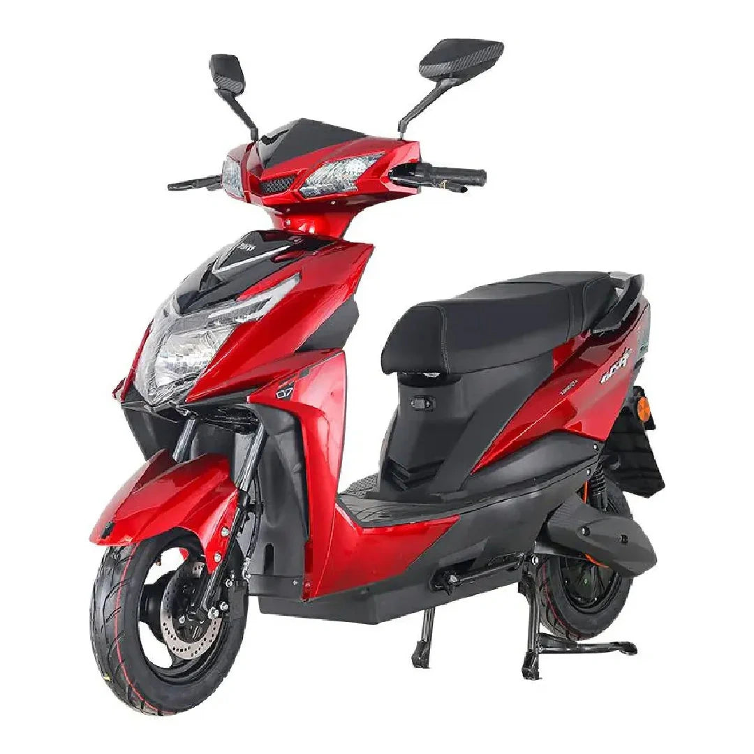 Red and black scooter on a white background