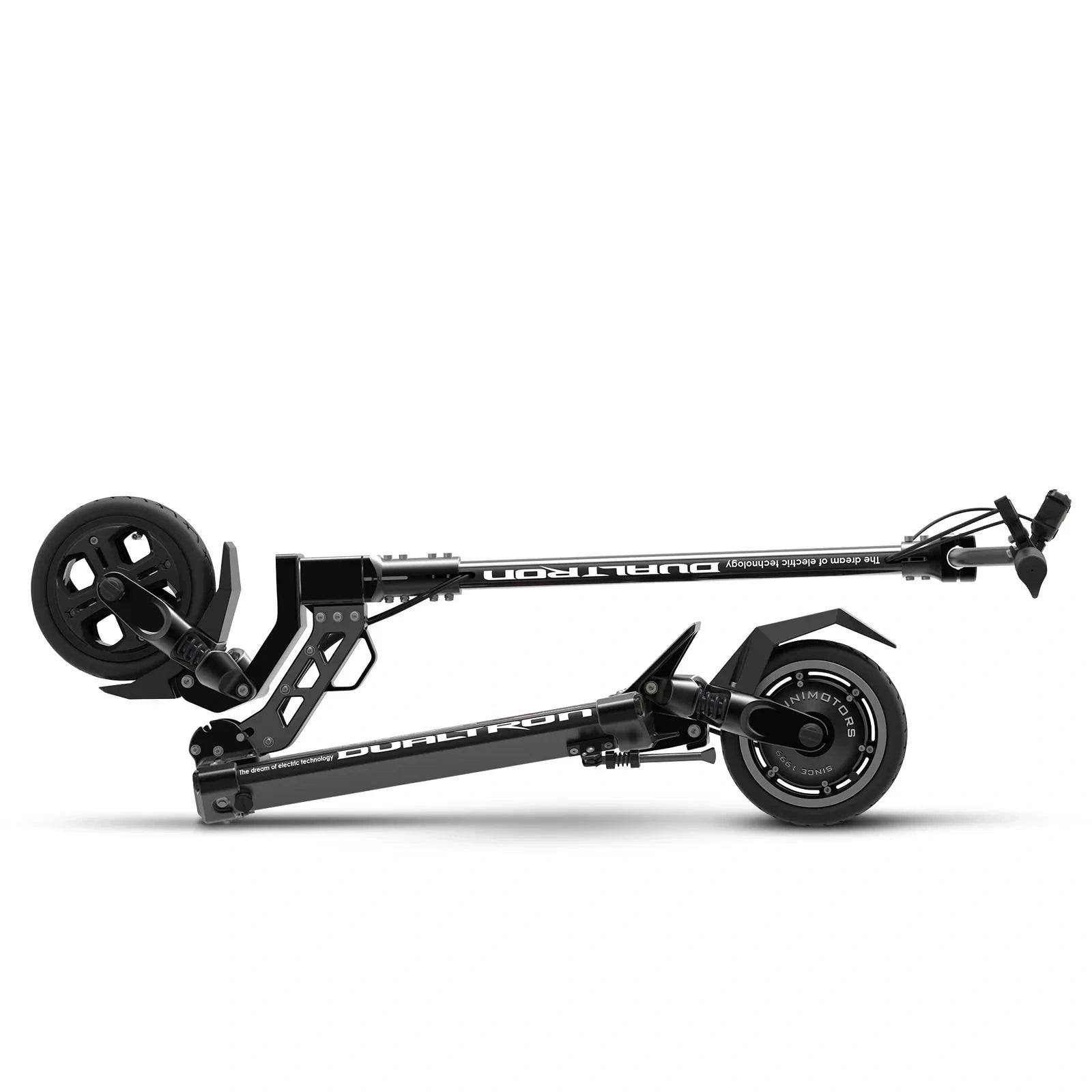 Black scooter with visible branding on a white background