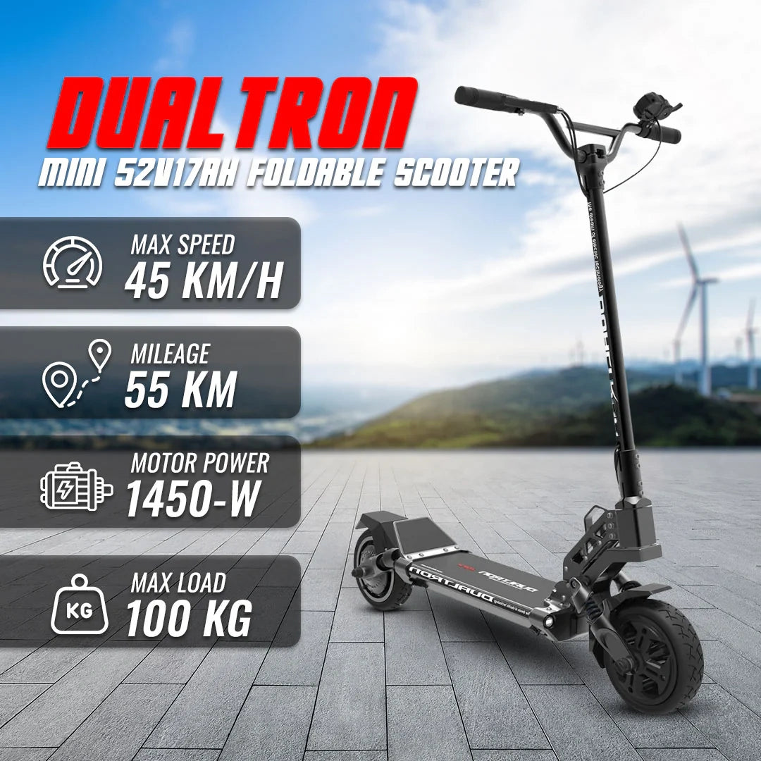 Dual Tron mini 52V17Ah foldable scooter with specifications on a scenic background