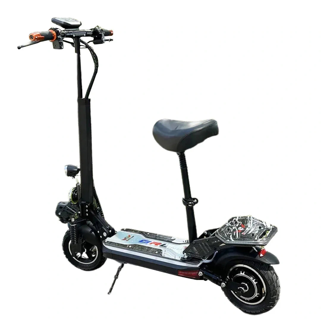 Black electric scooter with a seat on a white background
