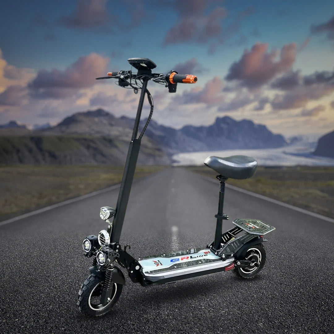 Electric scooter on a road with a mountainous landscape in the background