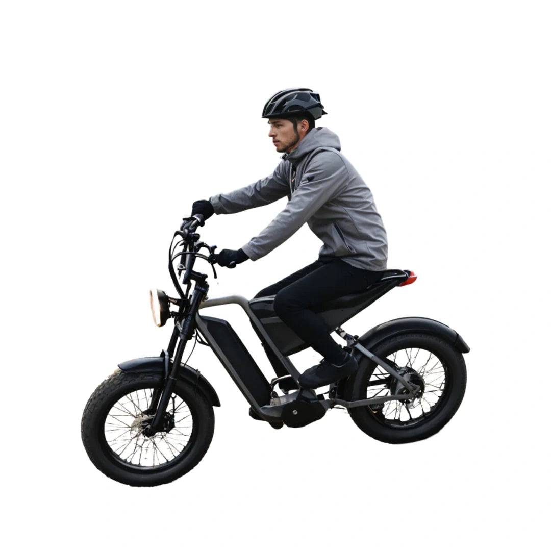 Person riding a black electric bike on a white background