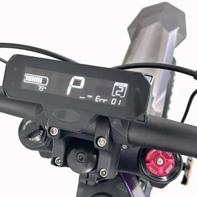 Close-up of a motorcycle handlebar with an electronic display and control buttons.