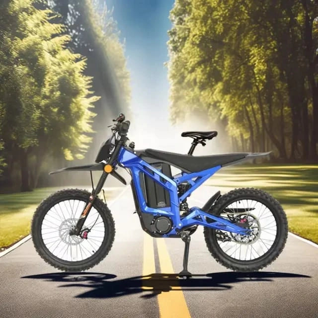 Blue electric bike on a road with trees in the background