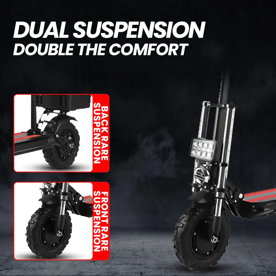 Electric scooter with dual suspension system highlighted on a dark background