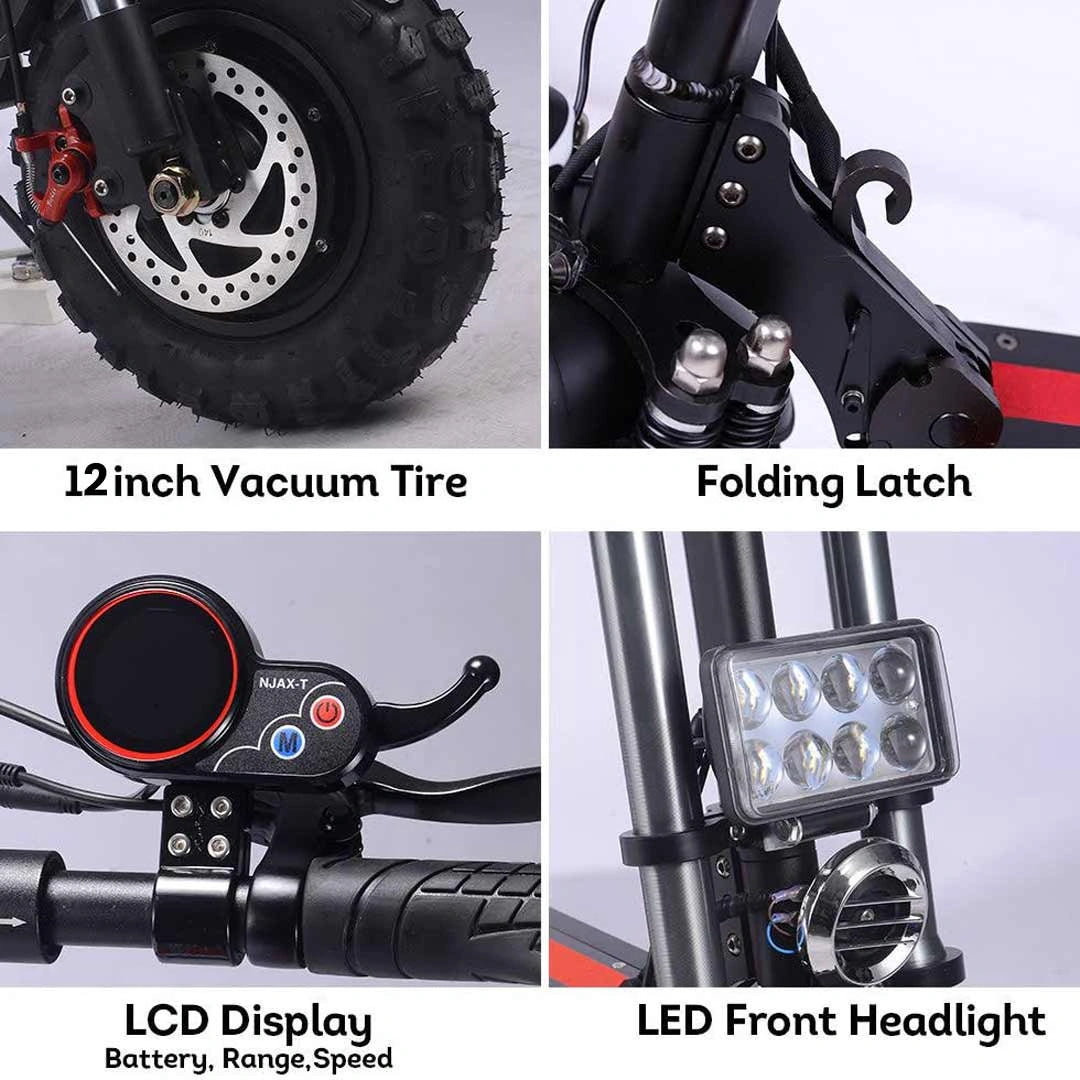 Close-up details of a scooter including tire, latch, handlebar controls, and headlight on a white background.