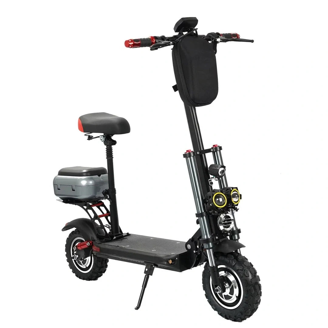 Black electric scooter with a seat on a white background