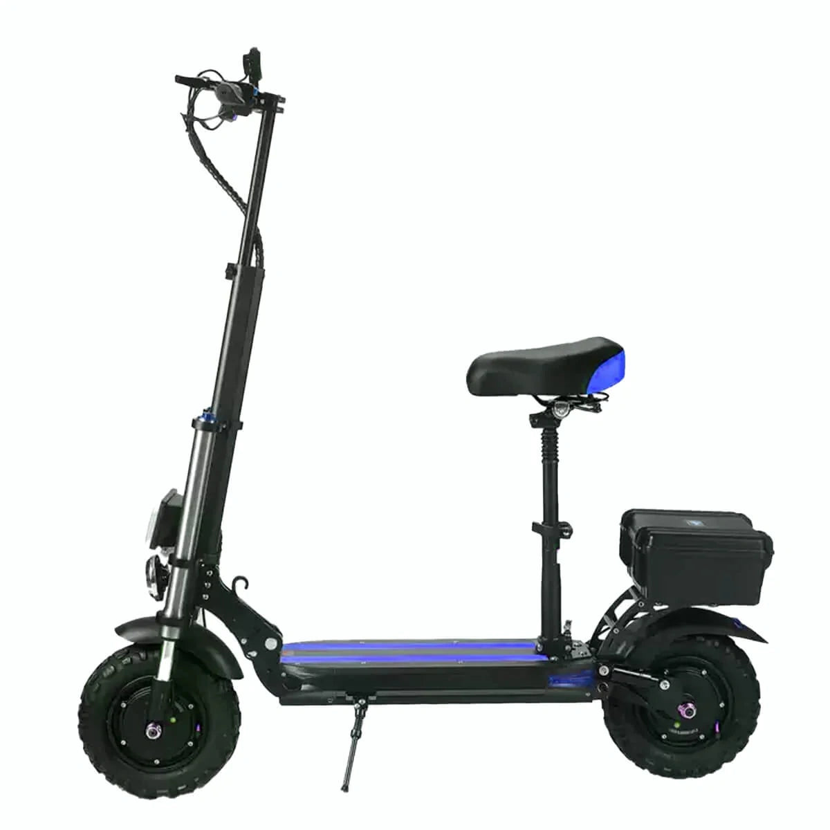 Black electric scooter with a seat on a white background