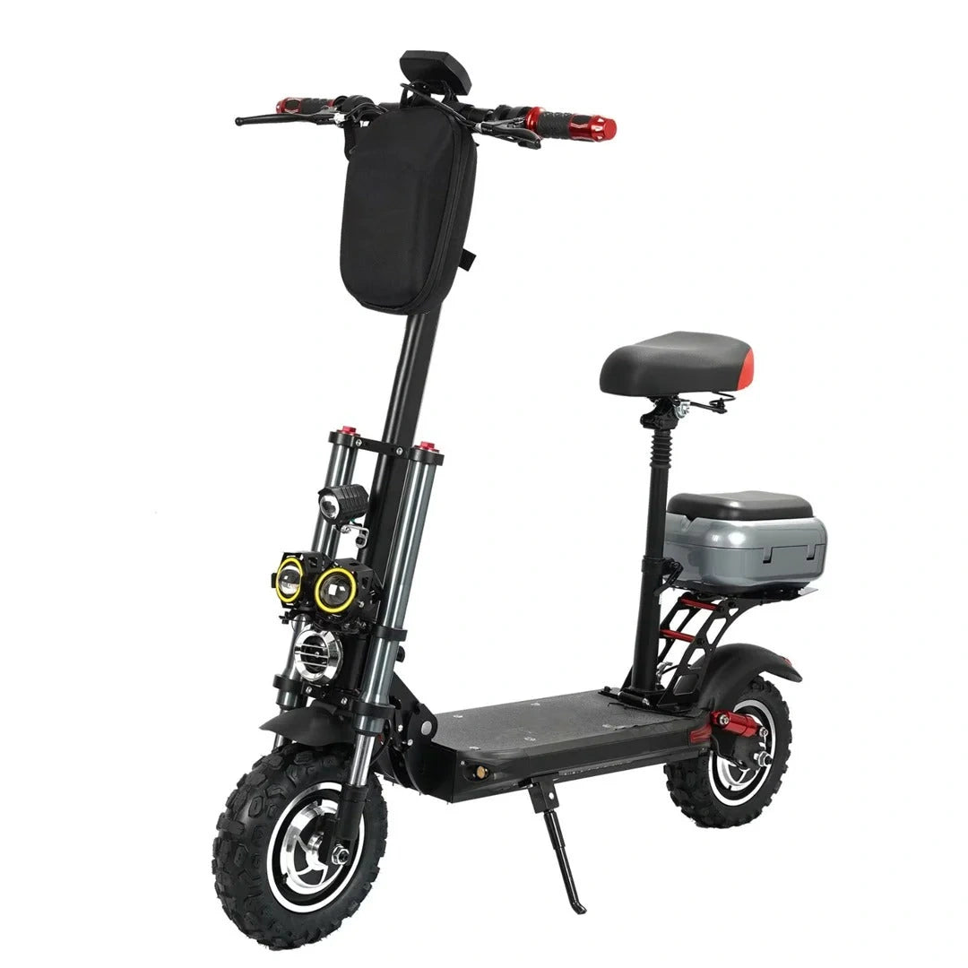 Black electric scooter with a seat and storage bag on a white background