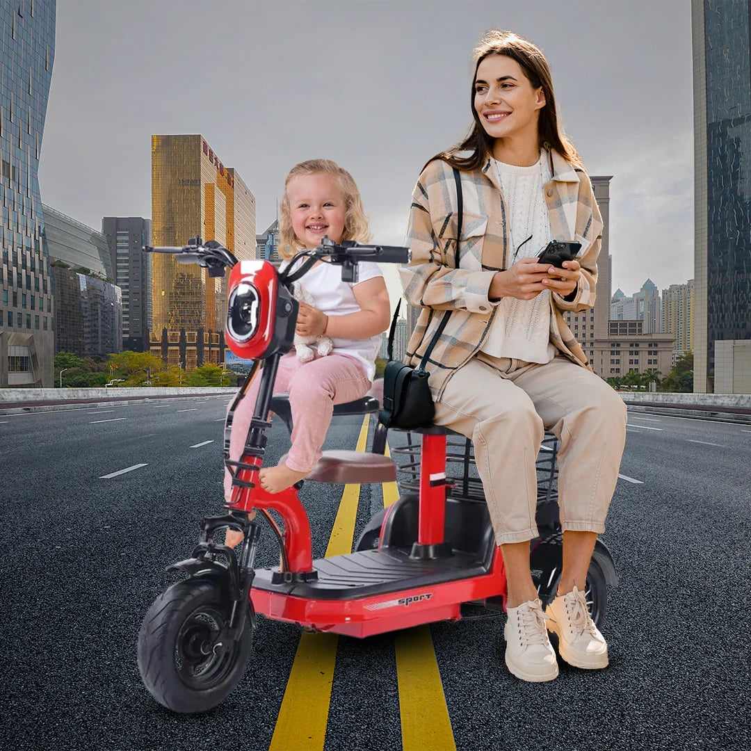 Woman and child on a red scooter with cityscape background