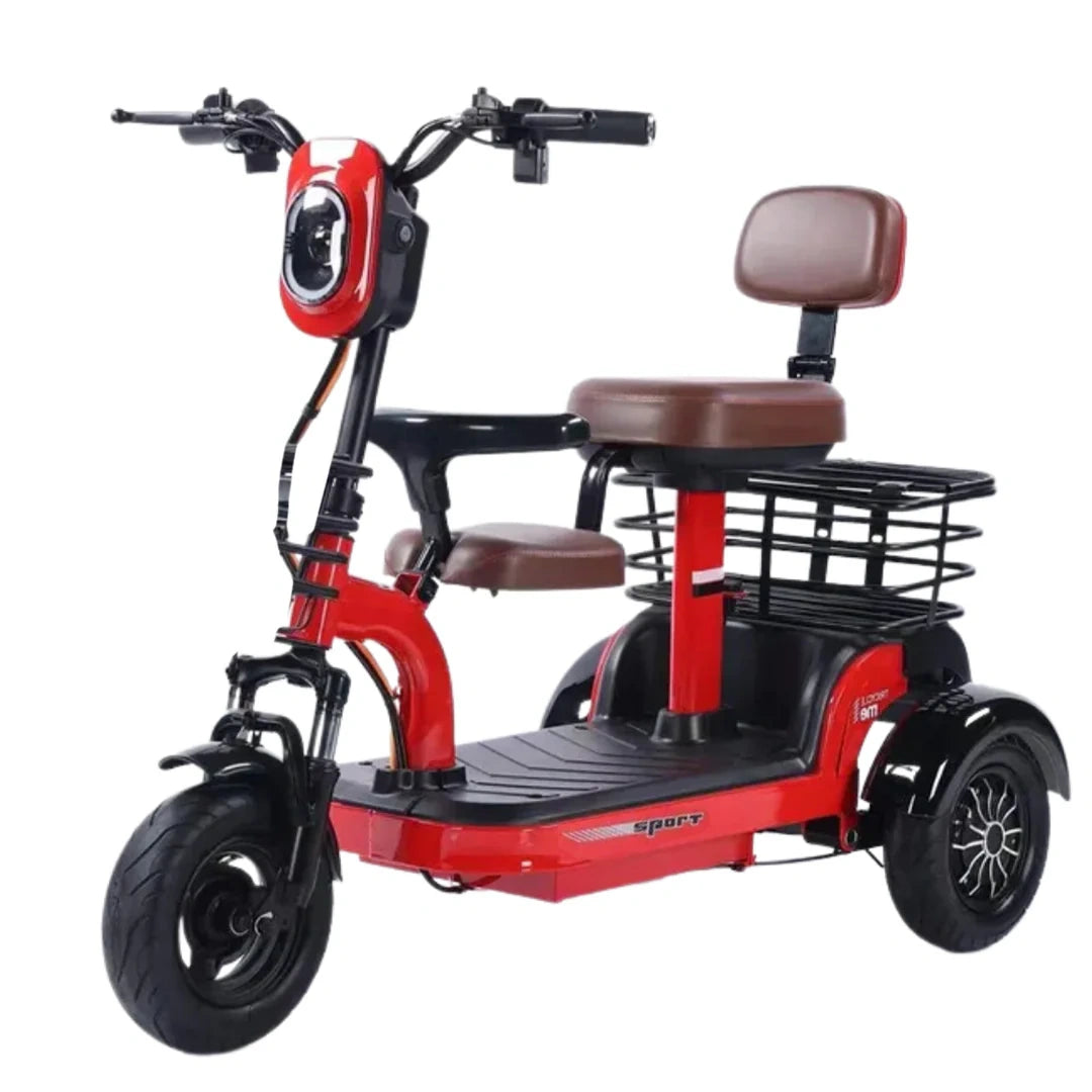 Red three-wheeled electric scooter with a brown seat on a white background