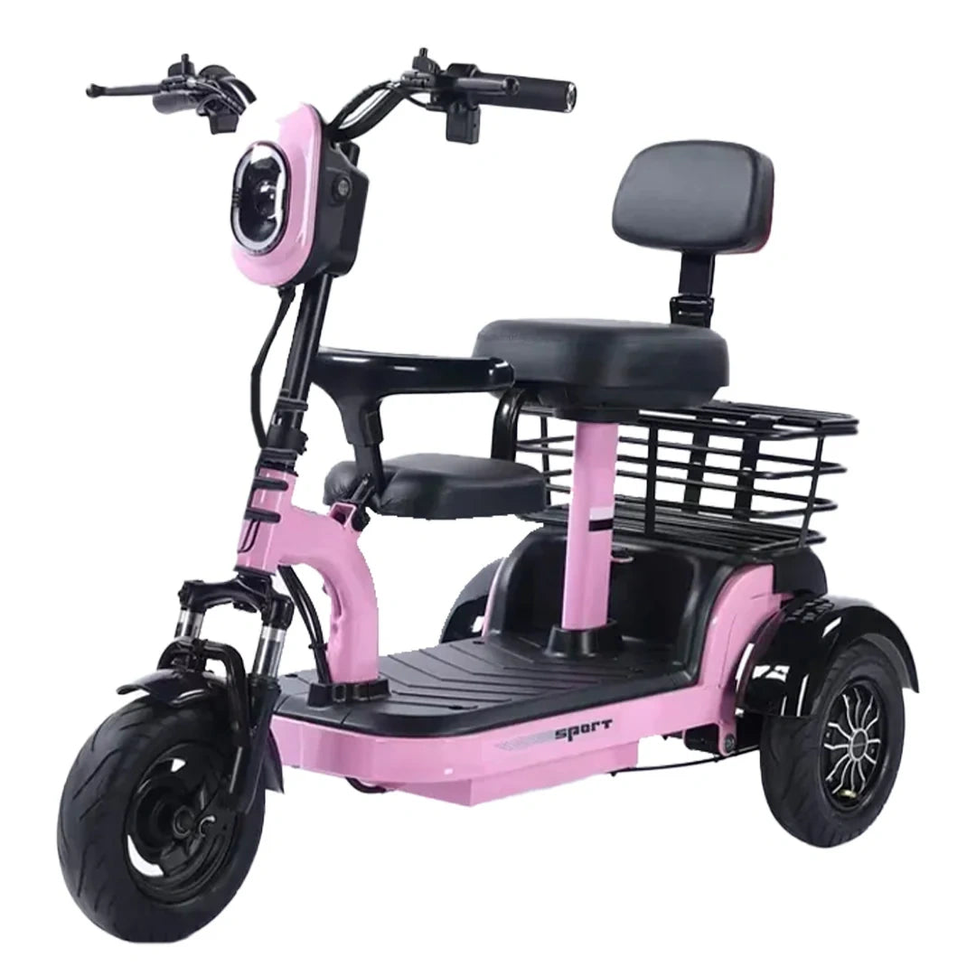 Pink and black three-wheeled electric scooter with a basket on a white background
