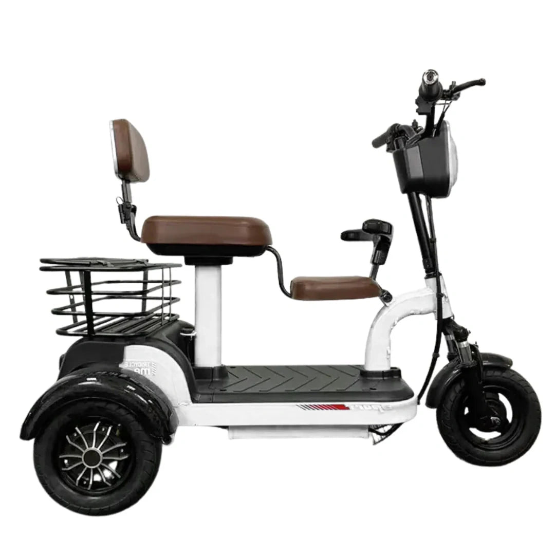 White three-wheeled electric scooter with brown seat on a white background