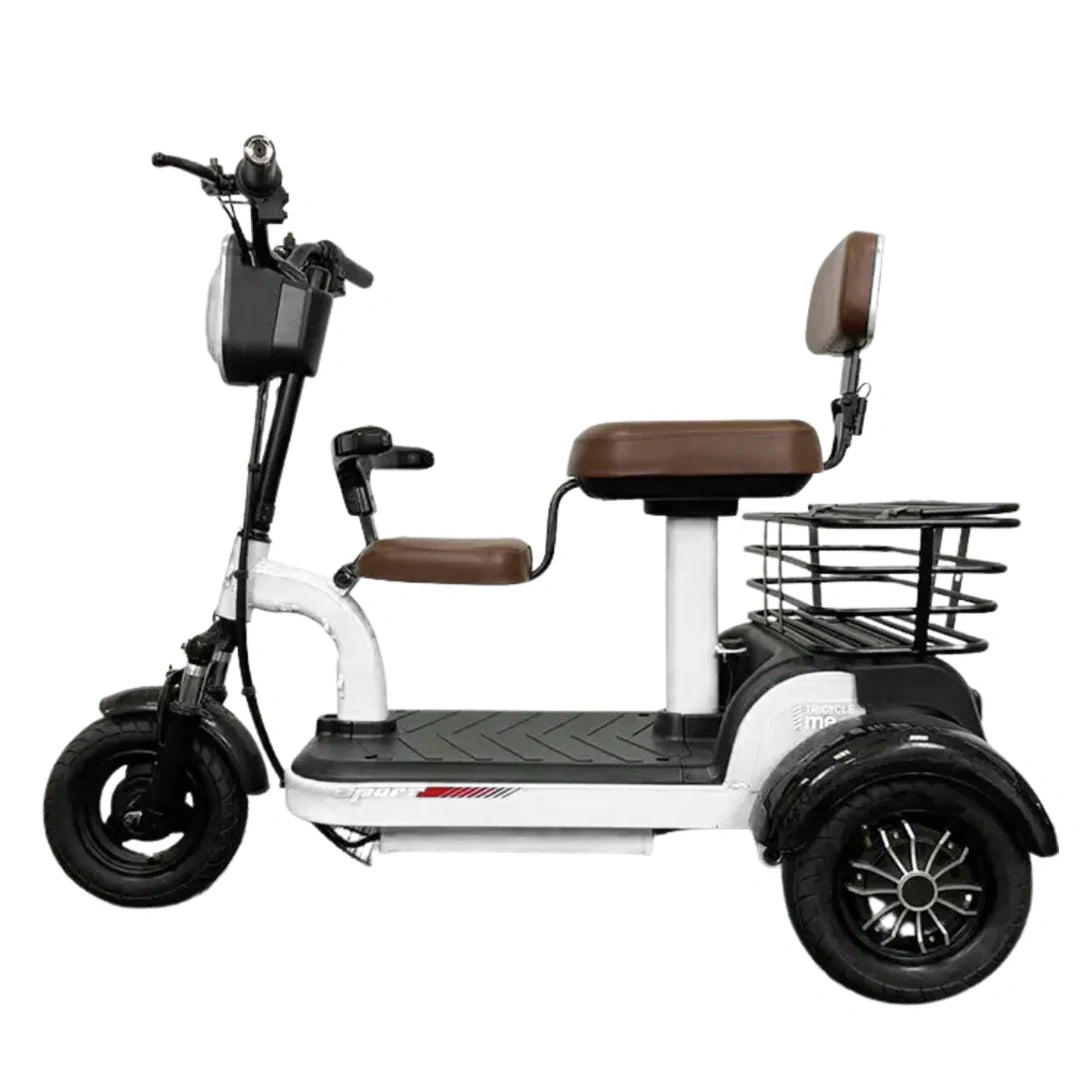 Three-wheeled electric scooter with a brown seat and basket on a white background