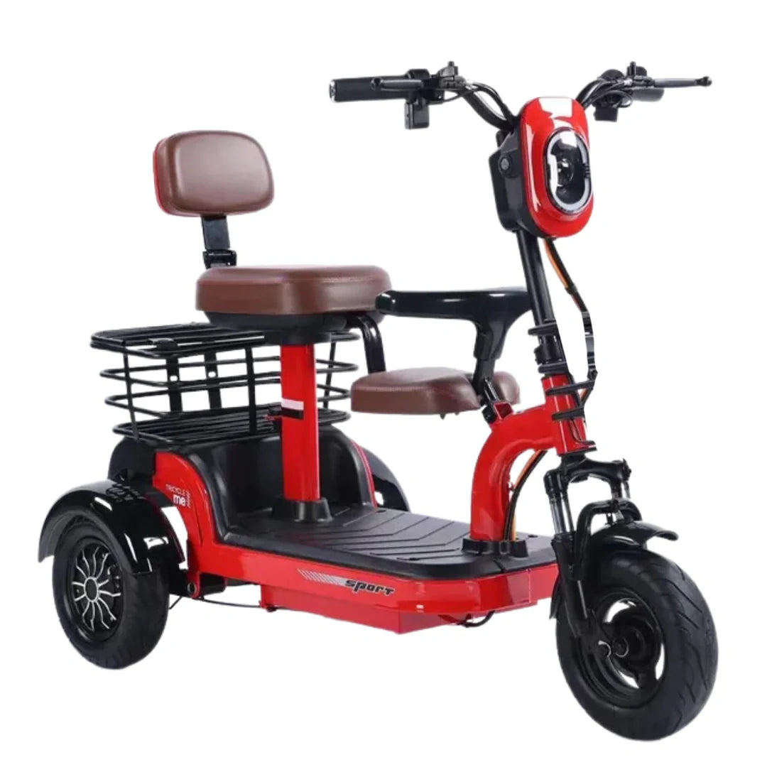 Red electric scooter with a brown seat on a white background